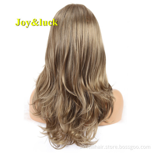 Wholesale Price Long Blonde Mix Brown Color Party Natural Wave Wigs for Women With Bangs Cosplay Wig Style Synthetic Hair Wigs